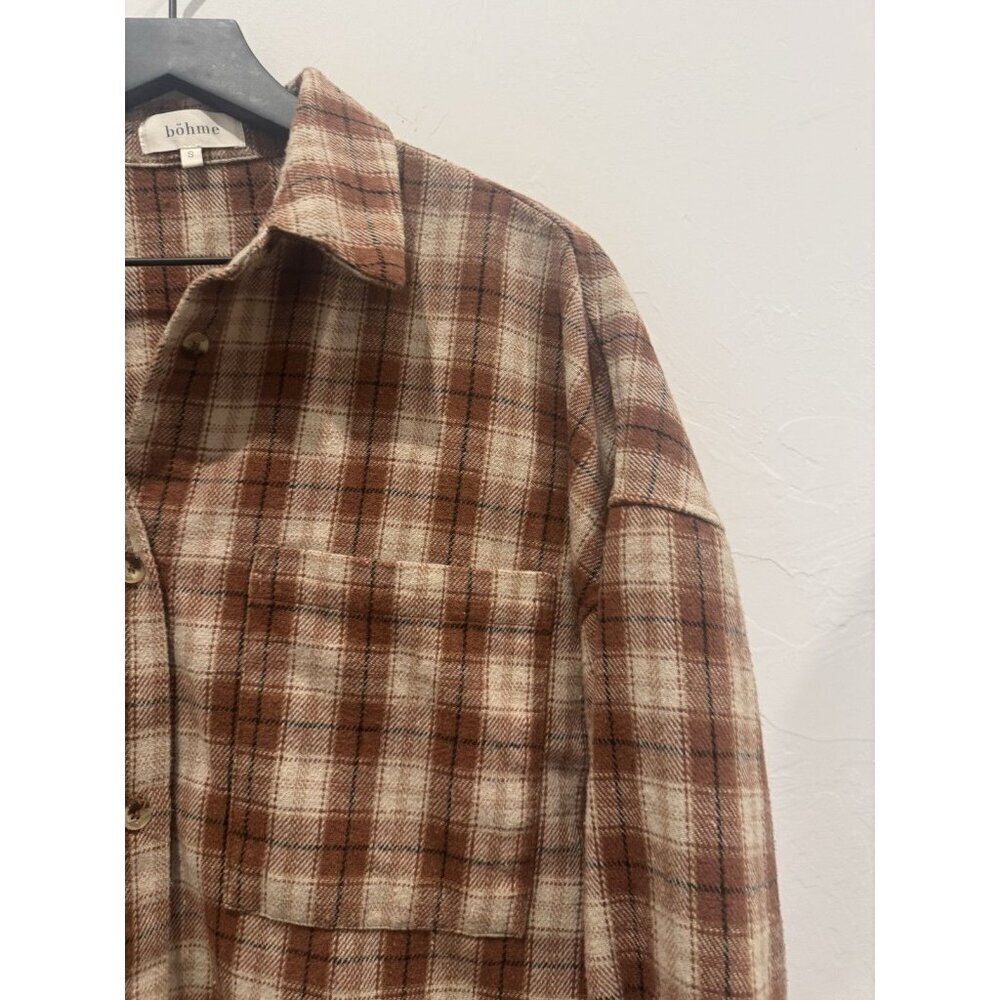 Böhme oversized brown and beige plaid flannel shacket Size Small Brown & White - Picture 4 of 16